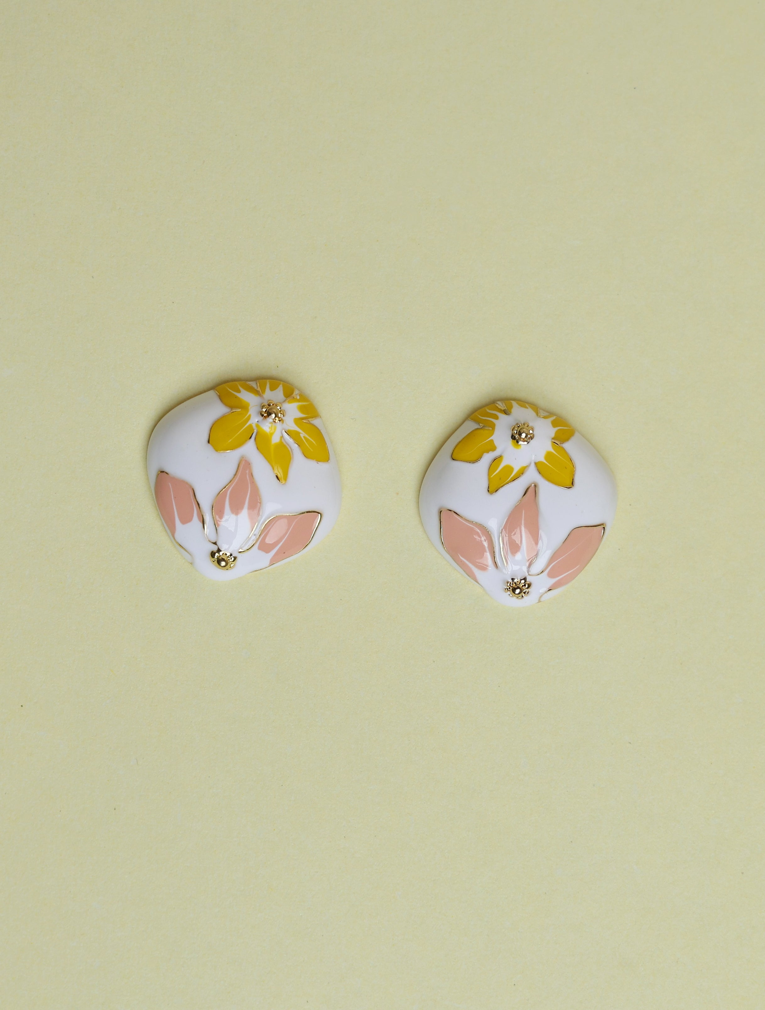 Floral Enamel Stud Earrings for Women | White & Yellow Gold-Tone Fashion Earrings