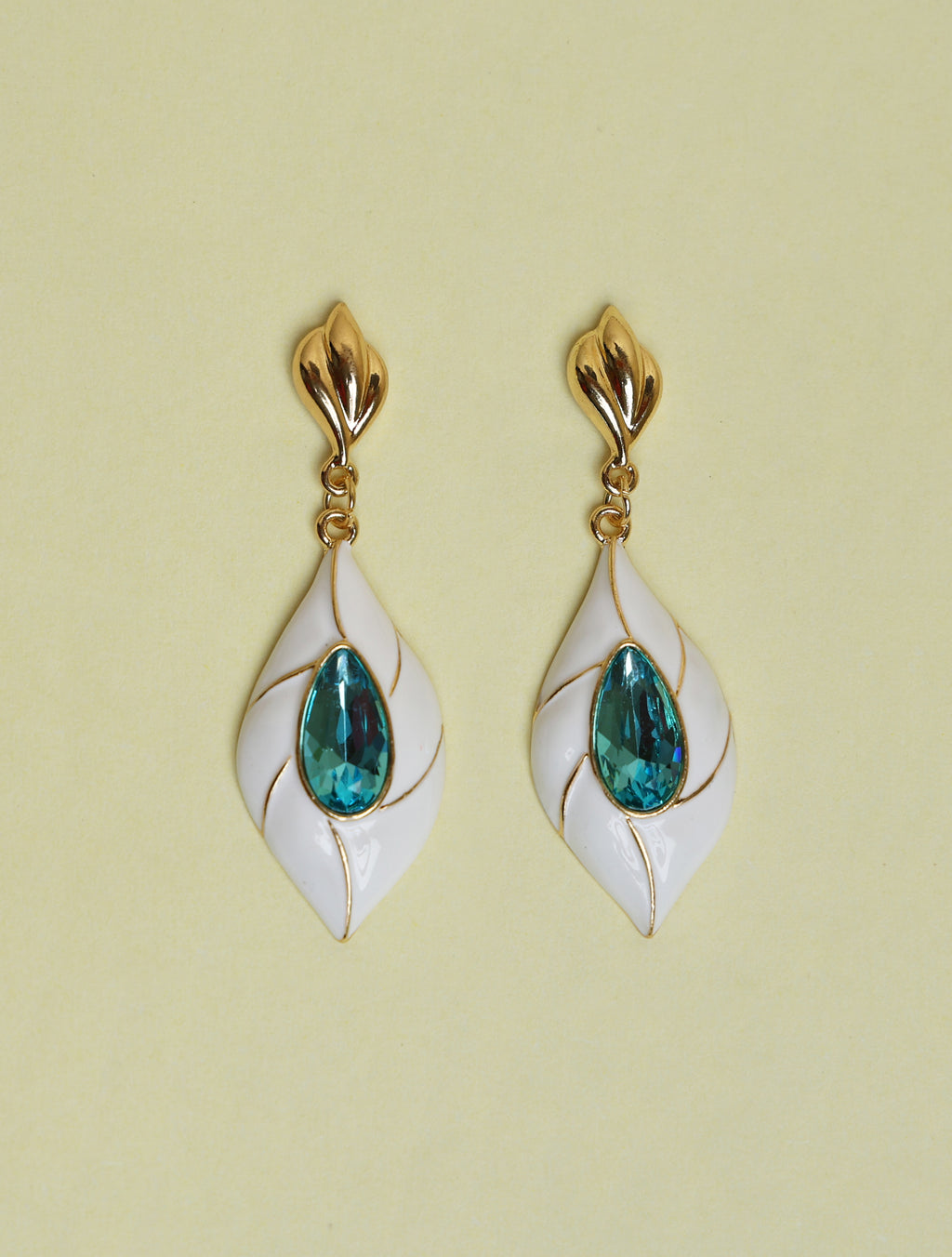 White Enamel Teardrop Earrings with Blue Crystal for Women | Gold-Tone Elegant Drop Earrings
