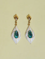 White Enamel Teardrop Earrings with Blue Crystal for Women | Gold-Tone Elegant Drop Earrings