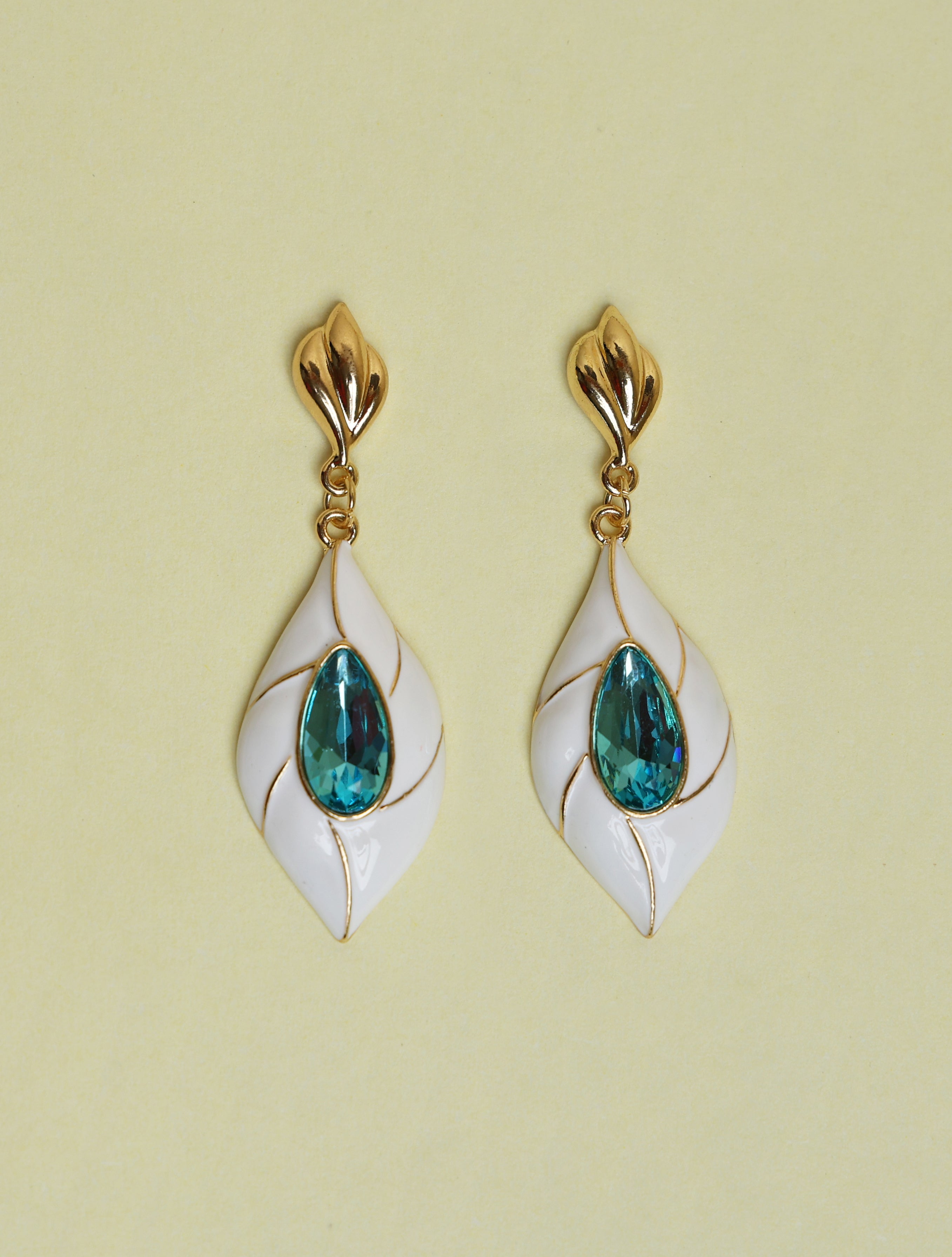 White Enamel Teardrop Earrings with Blue Crystal for Women | Gold-Tone Elegant Drop Earrings
