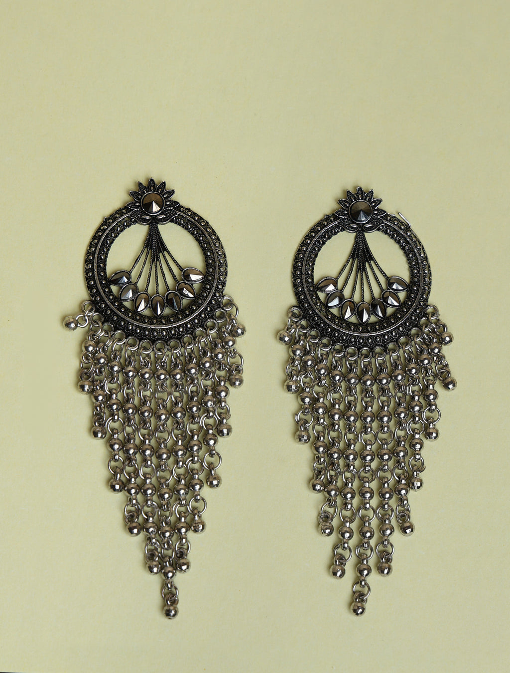 Oxidised Silver Mirror Tassel Earrings for Women | Bohemian Statement Dangle Earrings