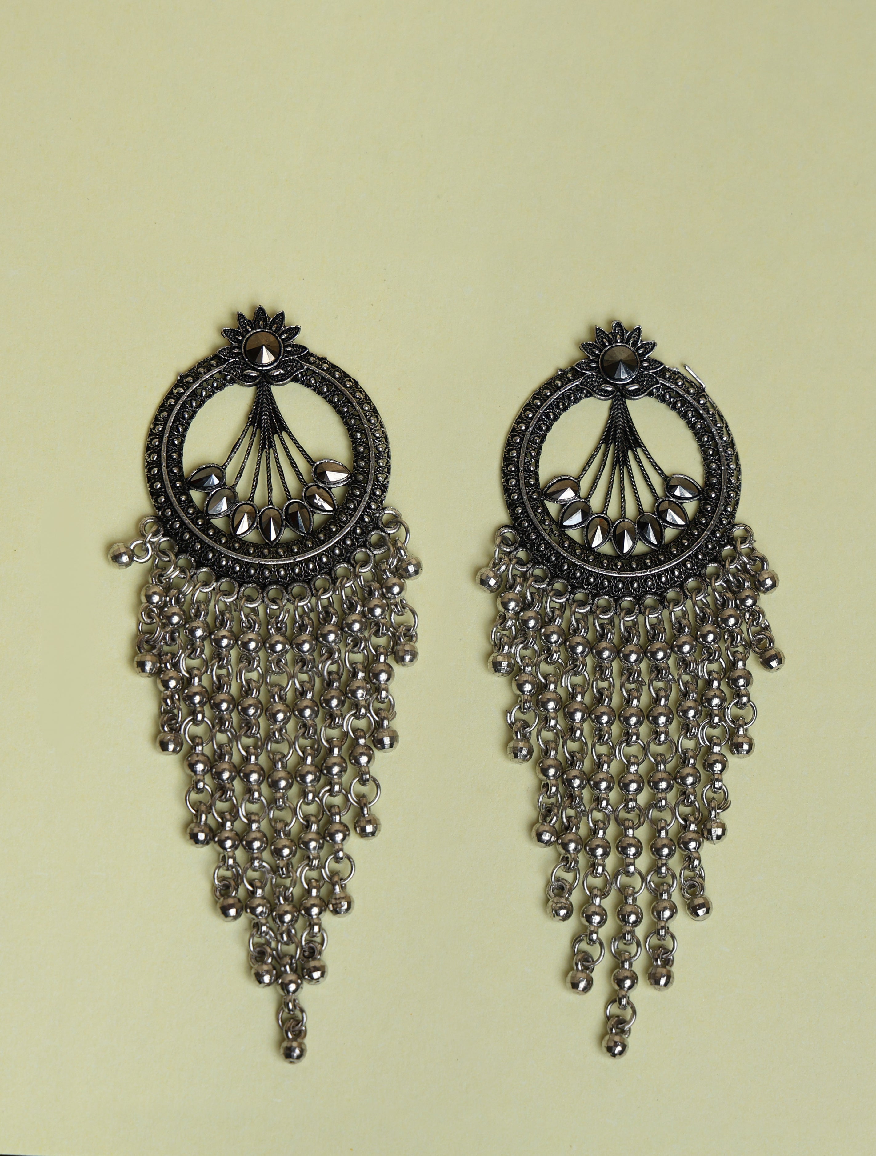 Oxidised Silver Mirror Tassel Earrings for Women | Bohemian Statement Dangle Earrings