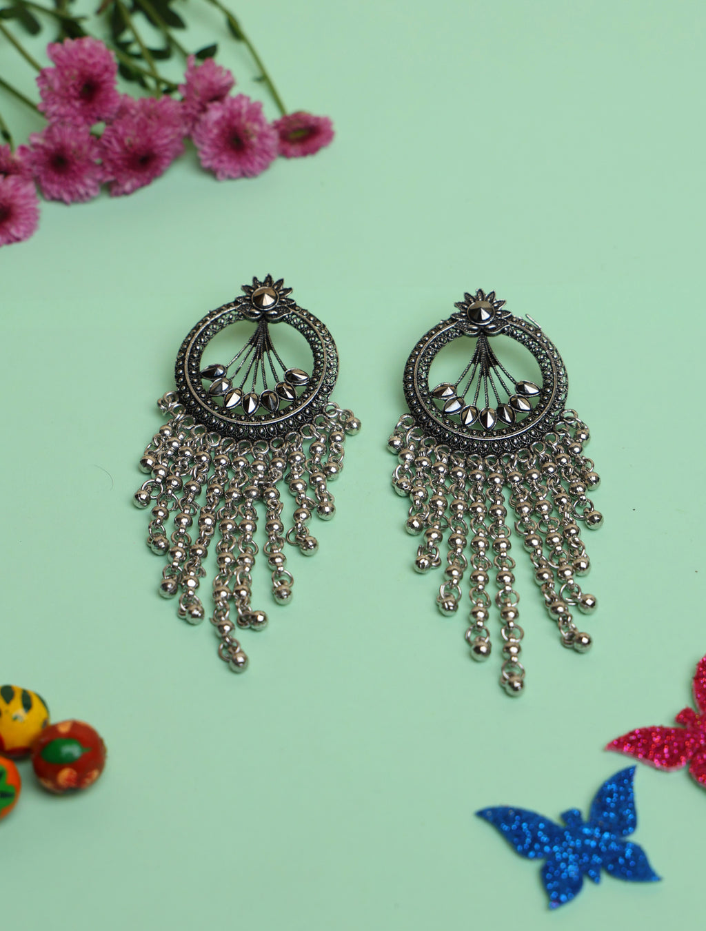 Oxidised Silver Mirror Tassel Earrings for Women | Bohemian Statement Dangle Earrings