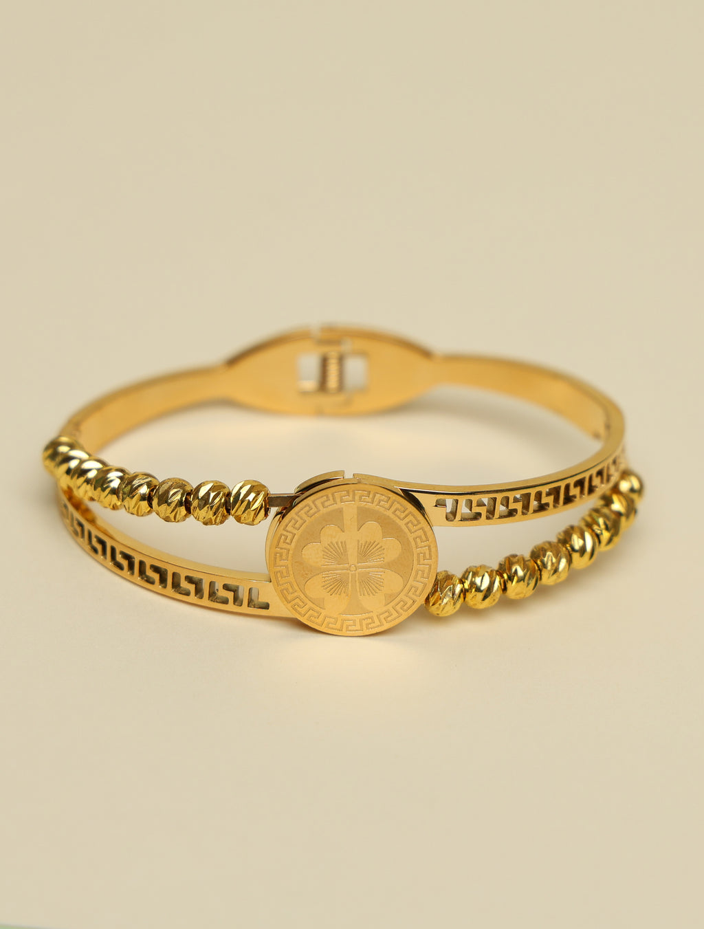 Women's Gold-Plated Lucky Clover Designer Kada Bracelet | Beaded Adjustable Fashion Bangle for Women & Girls
