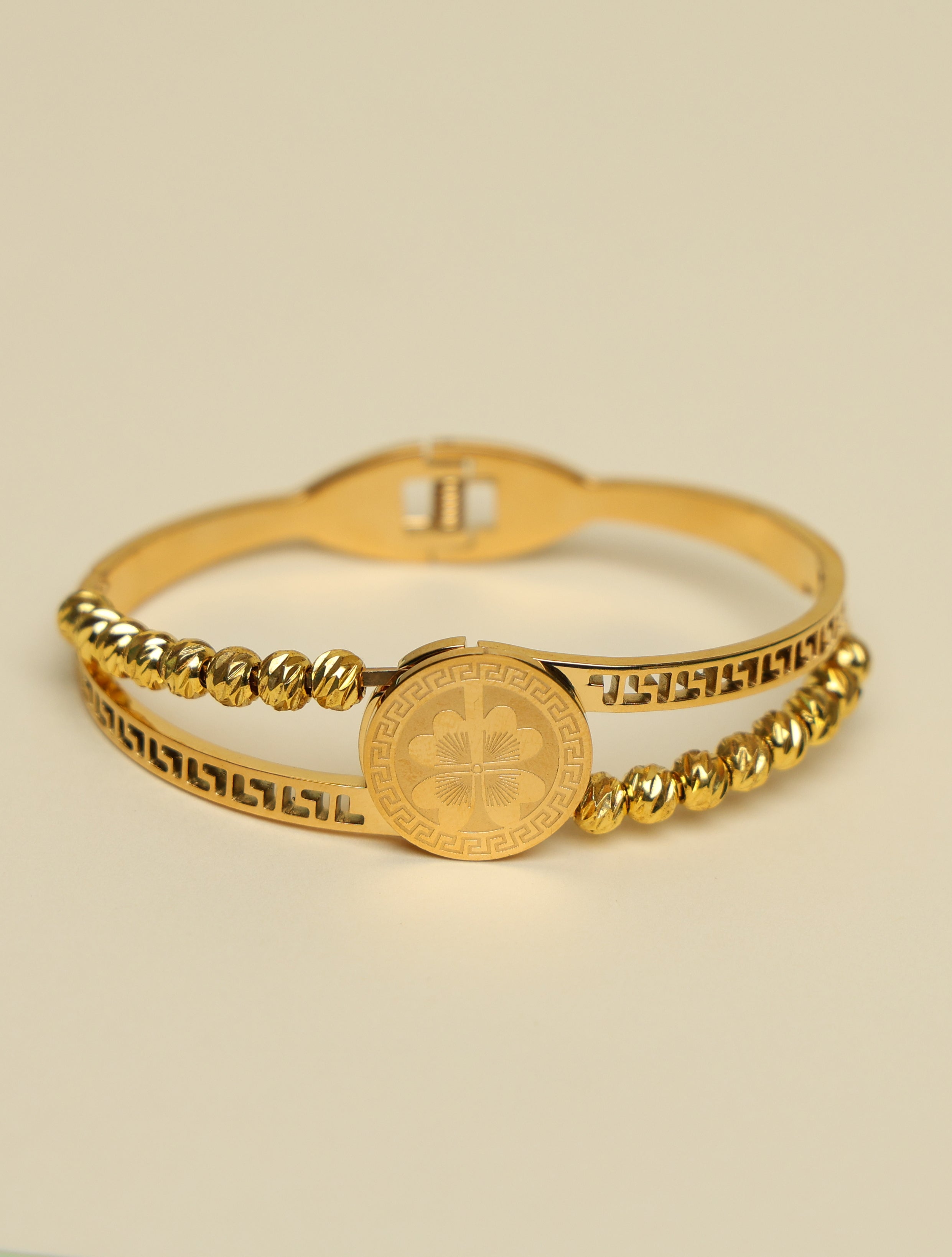 Women's Gold-Plated Lucky Clover Designer Kada Bracelet | Beaded Adjustable Fashion Bangle for Women & Girls