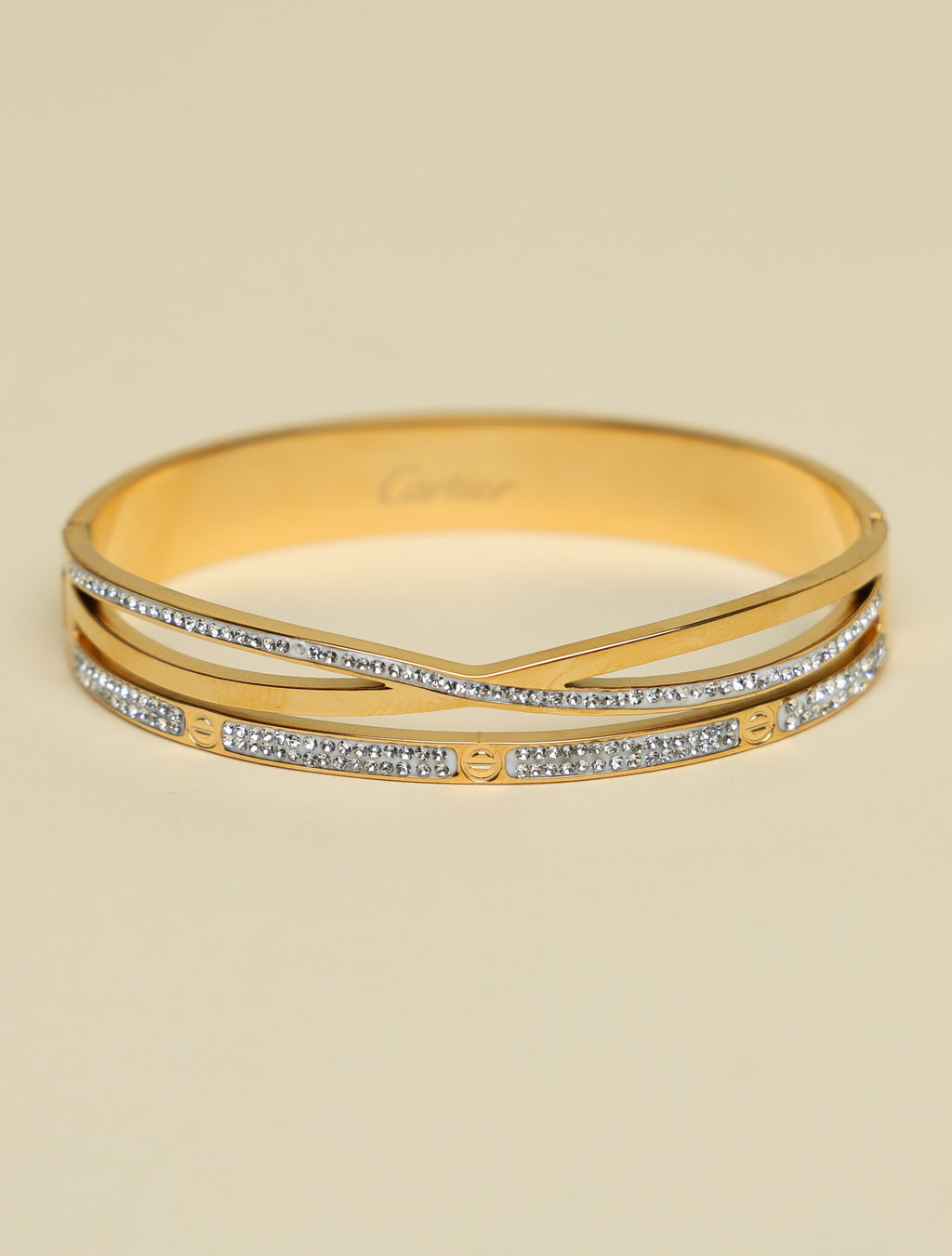 Gold-Tone Crystal Designer Cuff Bracelet for Women | Elegant Open Bangle with Pavé Accents