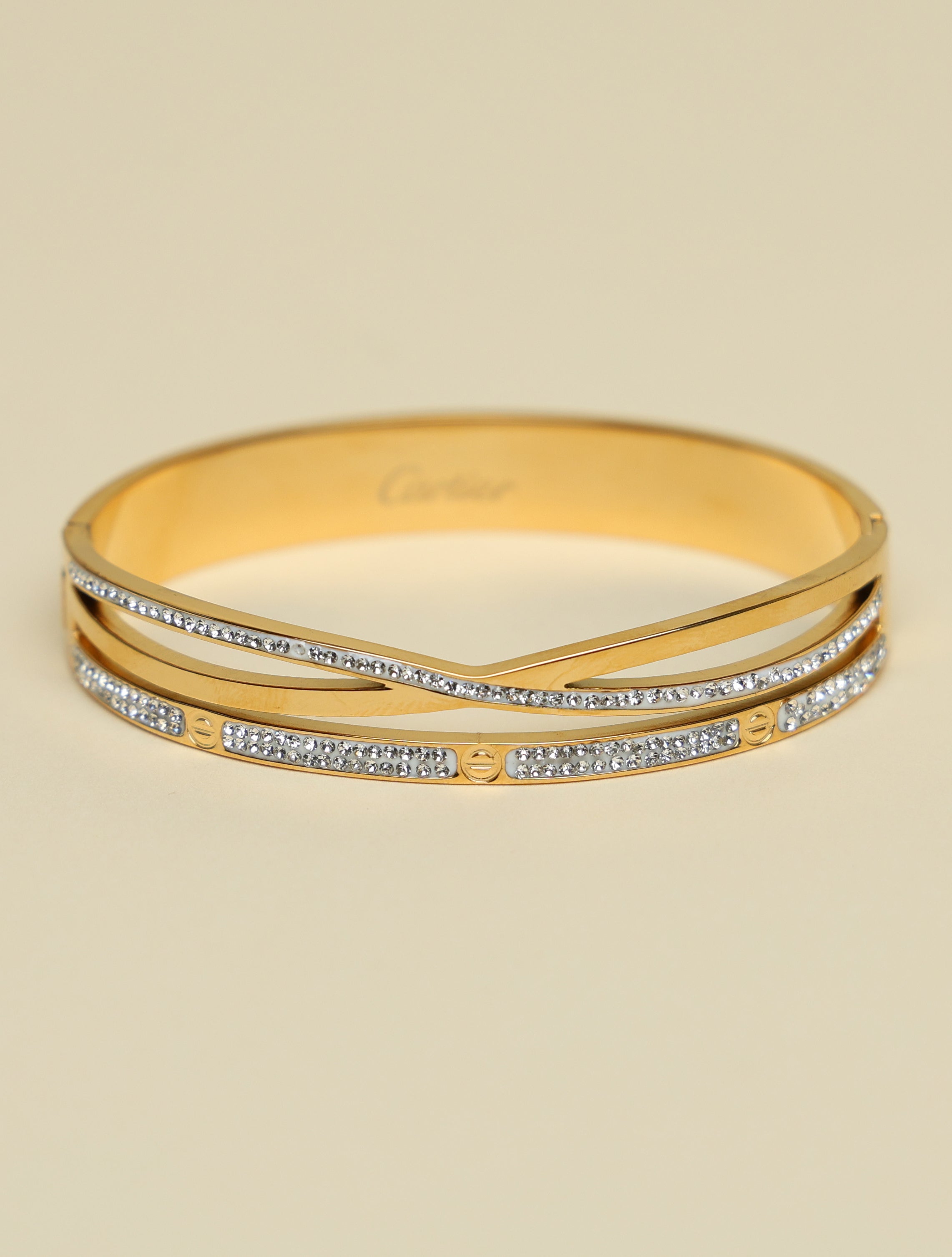 Gold-Tone Crystal Designer Cuff Bracelet for Women | Elegant Open Bangle with Pavé Accents