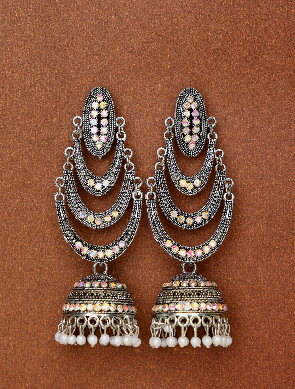 Oxidized Silver-Tone Chandbali Jhumka Earrings with Pearl Drops for Women | Traditional Statement Earrings