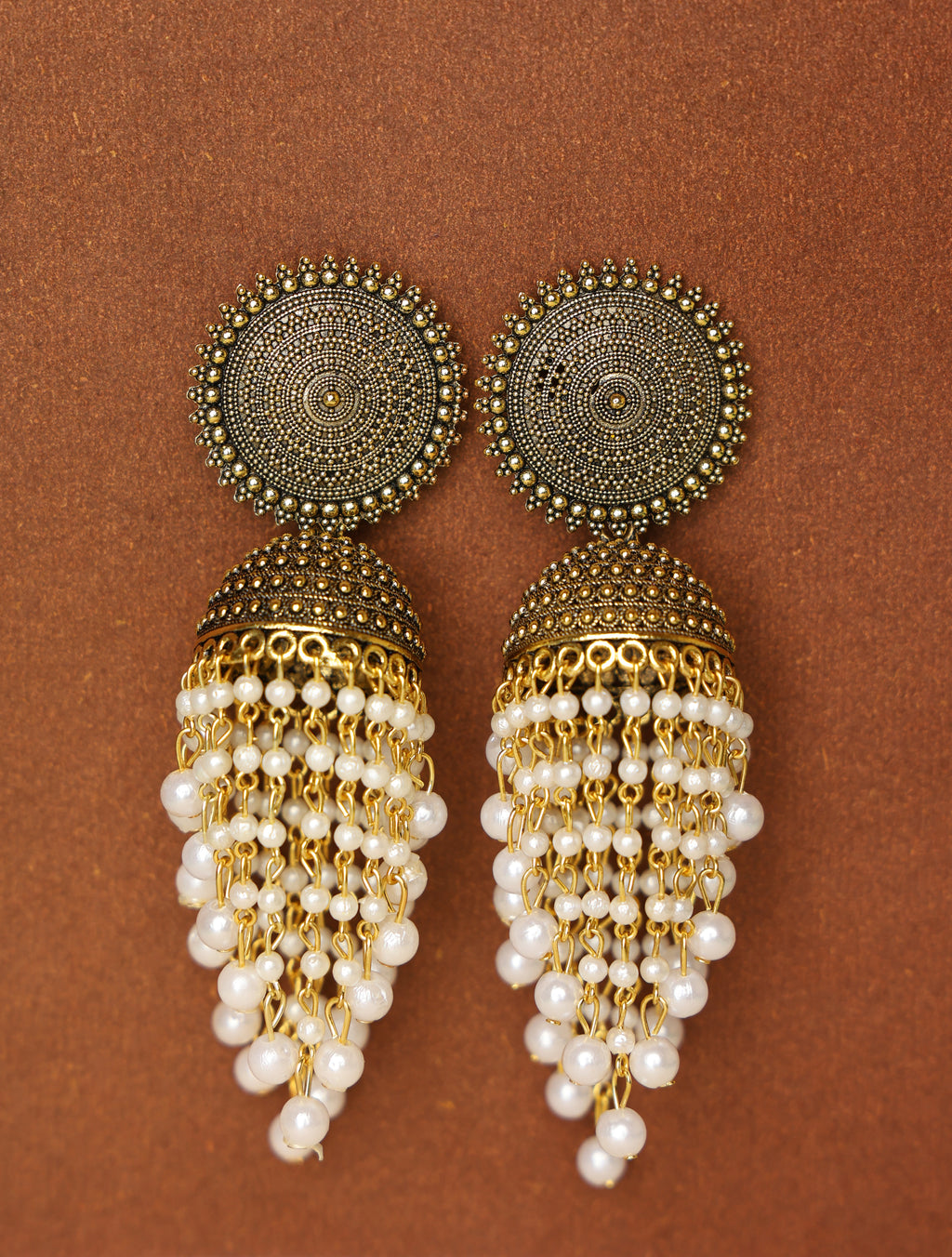 Antique Gold-Tone Pearl Tassel Jhumka Earrings for Women | Traditional Ethnic Statement Earrings