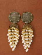 Antique Gold-Tone Pearl Tassel Jhumka Earrings for Women | Traditional Ethnic Statement Earrings