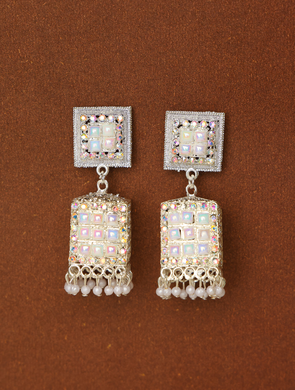 Silver-Tone Kundan Square Drop Earrings with Pearl Beads for Women | Elegant Party & Ethnic Earrings