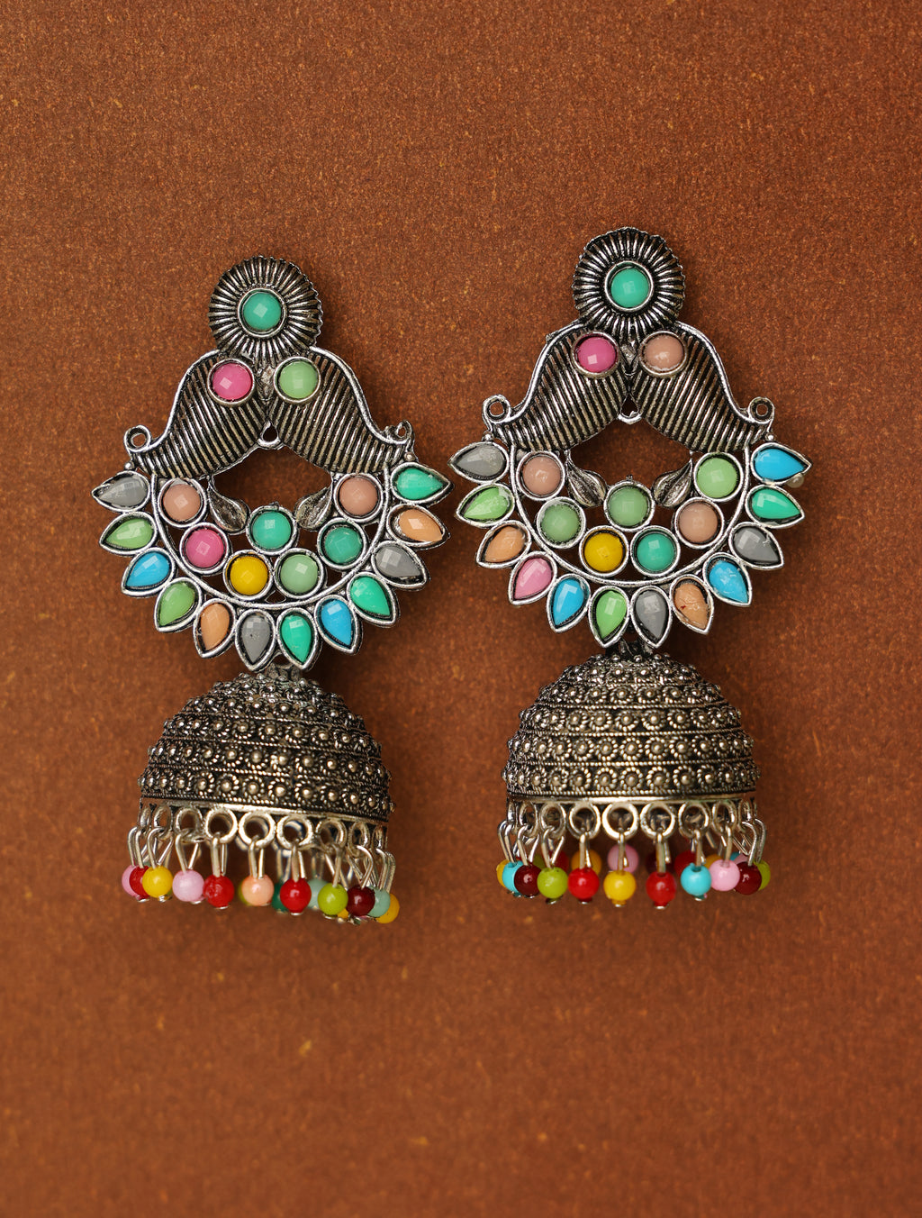 Oxidised Silver Multicolor Jhumka Earrings for Women | Boho Ethnic Statement Earrings with Bead Drops