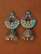 Oxidised Silver Multicolor Jhumka Earrings for Women | Boho Ethnic Statement Earrings with Bead Drops