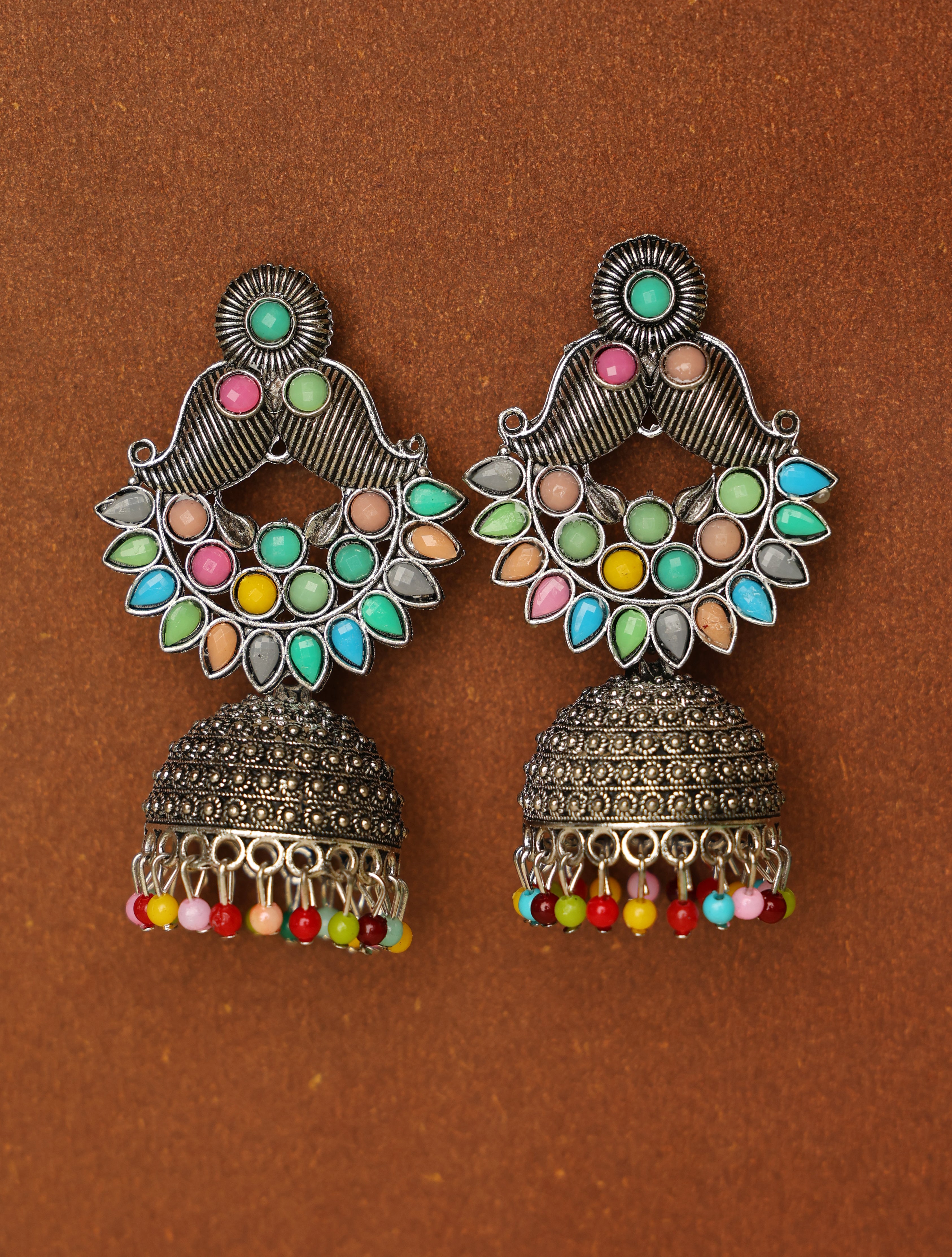 Oxidised Silver Multicolor Jhumka Earrings for Women | Boho Ethnic Statement Earrings with Bead Drops