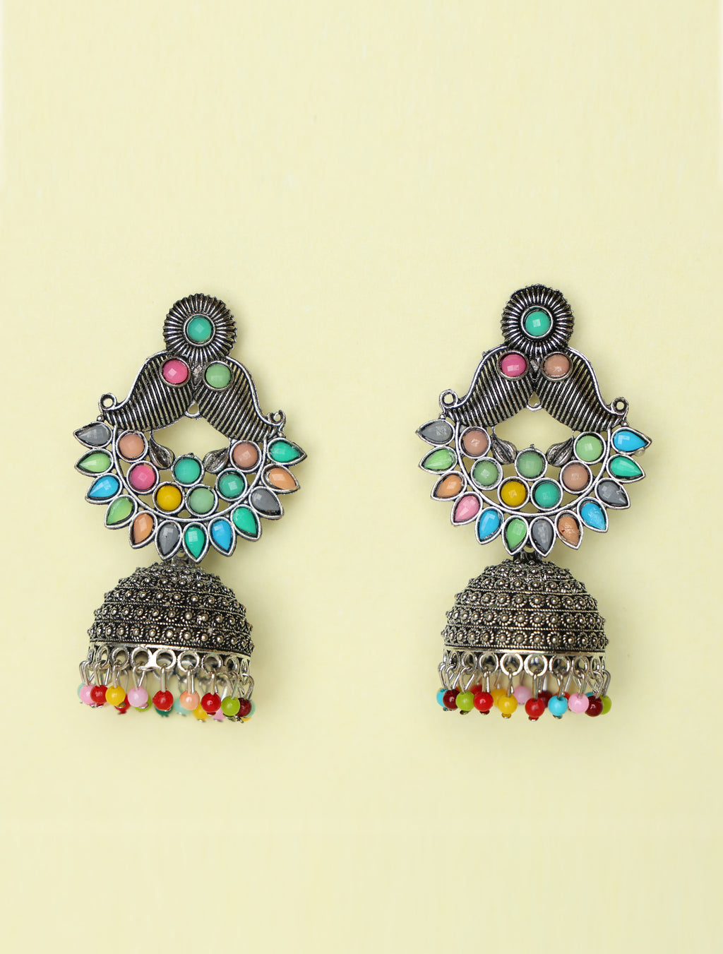 Oxidised Silver Multicolor Jhumka Earrings for Women | Boho Ethnic Statement Earrings with Bead Drops