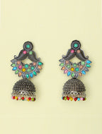 Oxidised Silver Multicolor Jhumka Earrings for Women | Boho Ethnic Statement Earrings with Bead Drops