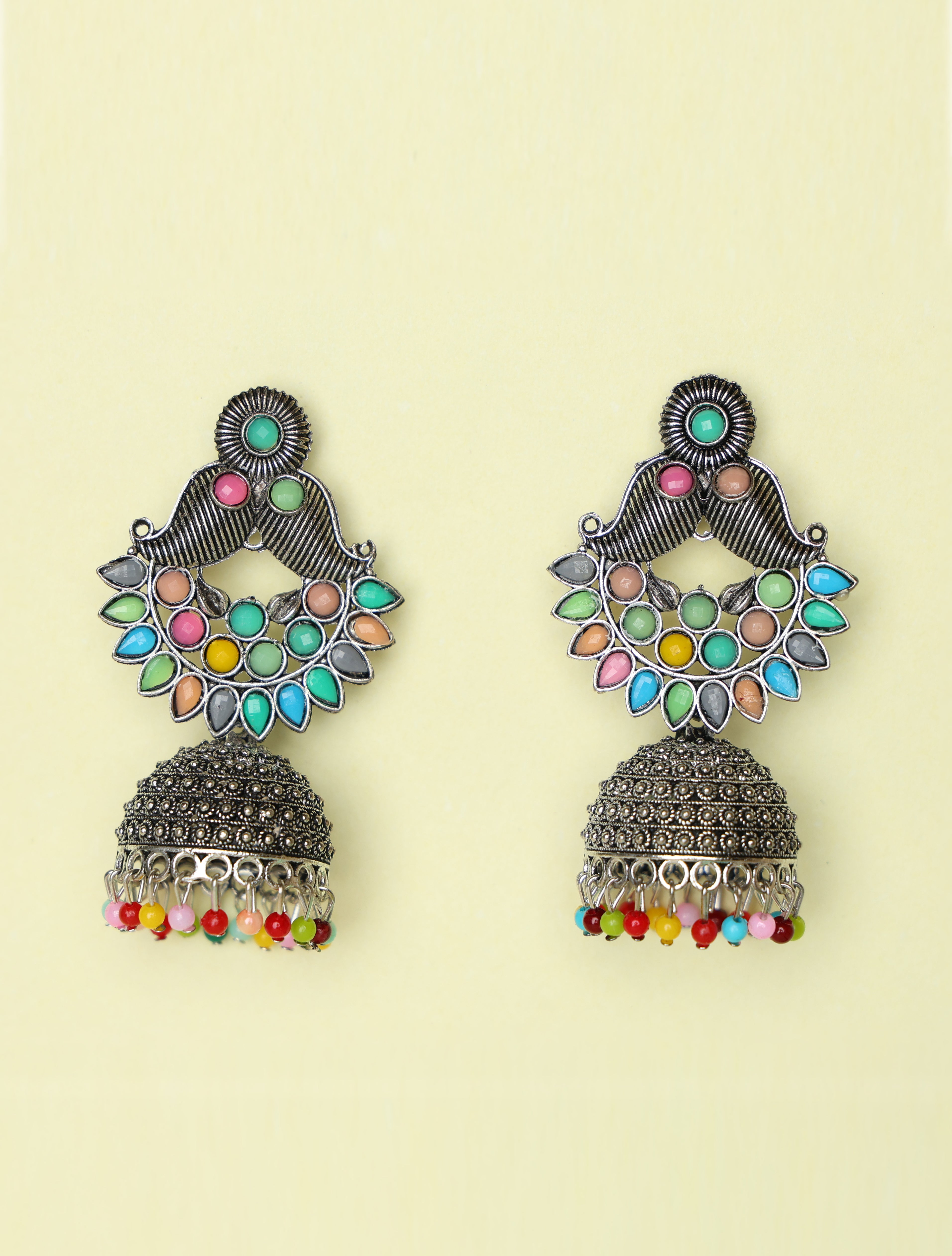 Oxidised Silver Multicolor Jhumka Earrings for Women | Boho Ethnic Statement Earrings with Bead Drops