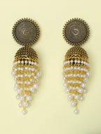 Antique Gold-Tone Pearl Tassel Jhumka Earrings for Women | Traditional Ethnic Statement Earrings