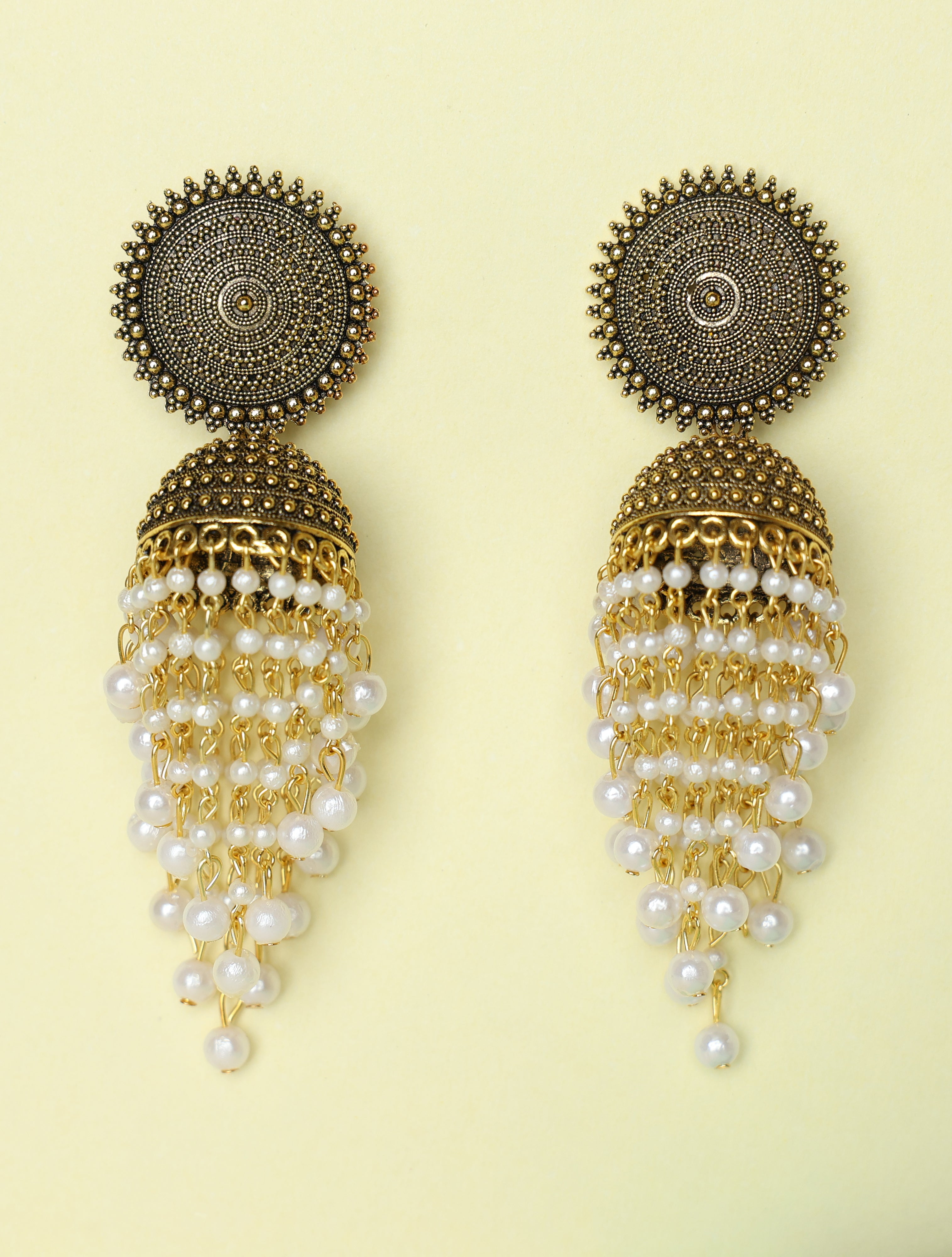 Antique Gold-Tone Pearl Tassel Jhumka Earrings for Women | Traditional Ethnic Statement Earrings