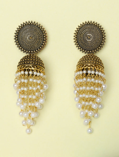 Antique Gold-Tone Pearl Tassel Jhumka Earrings for Women | Traditional Ethnic Statement Earrings