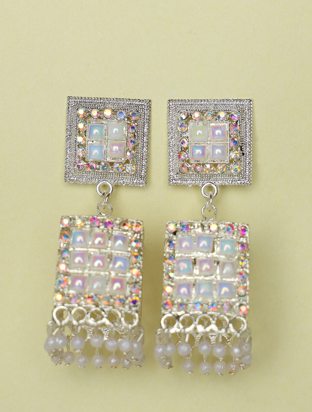 Silver-Tone Kundan Square Drop Earrings with Pearl Beads for Women | Elegant Party & Ethnic Earrings