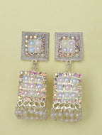 Silver-Tone Kundan Square Drop Earrings with Pearl Beads for Women | Elegant Party & Ethnic Earrings