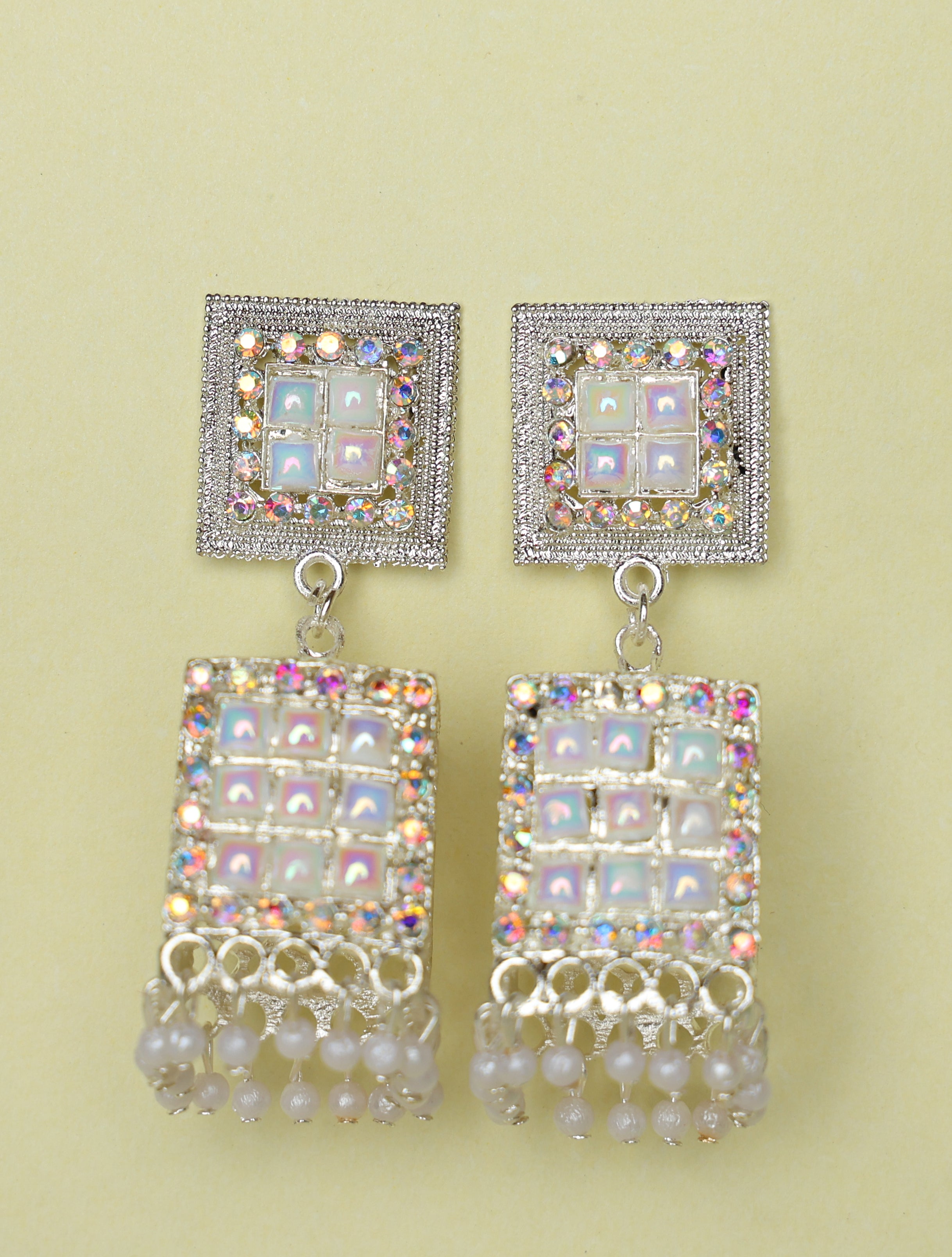 Silver-Tone Kundan Square Drop Earrings with Pearl Beads for Women | Elegant Party & Ethnic Earrings