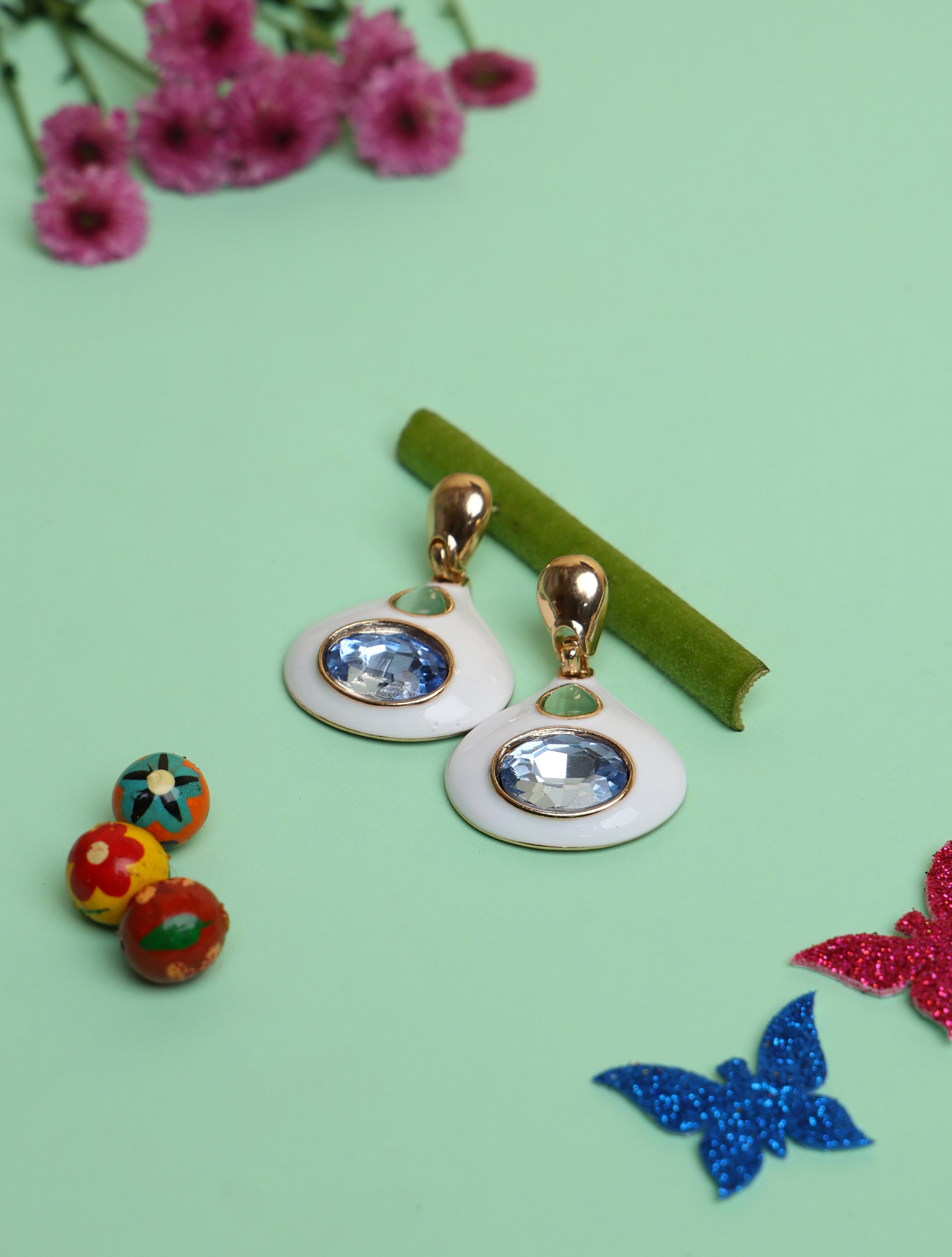 White Enamel Drop Earrings with Blue Crystal for Women | Gold-Tone Elegant Statement Earrings