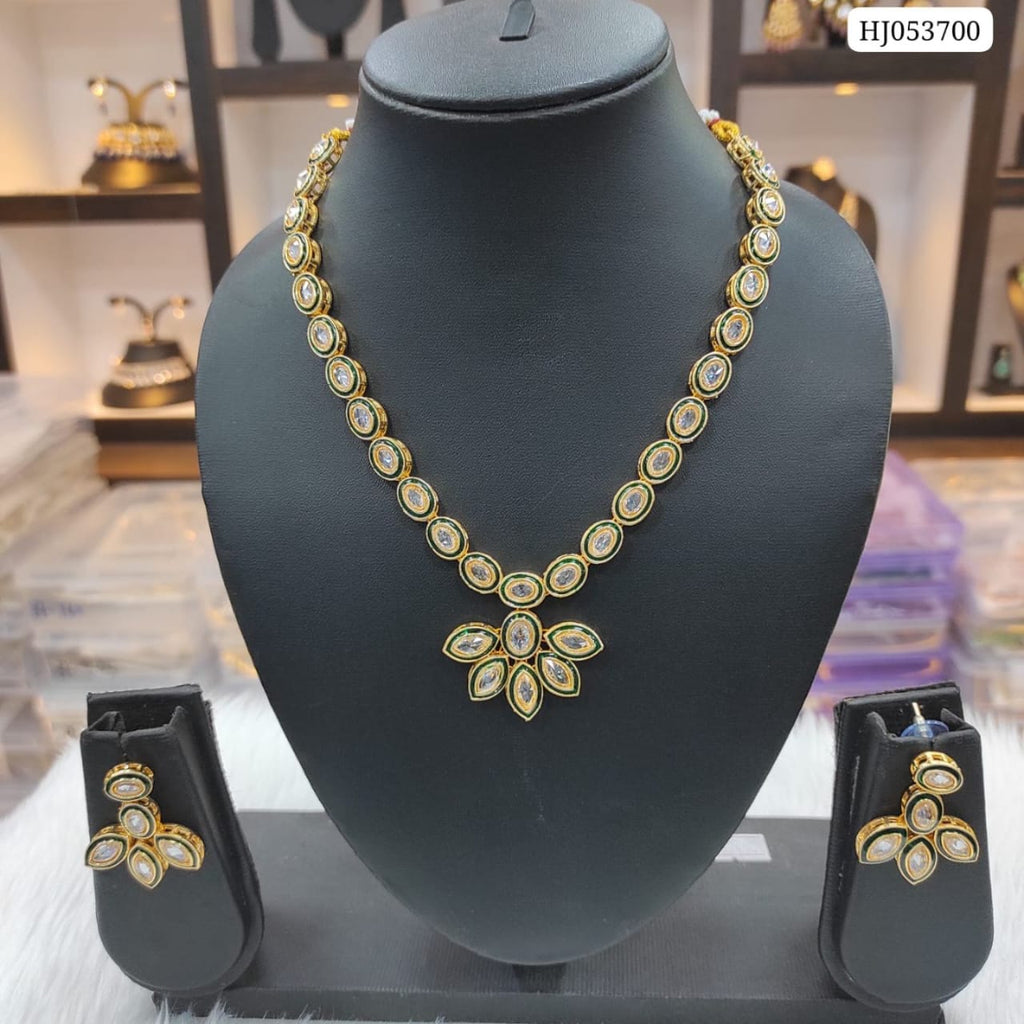 Elegant Green Kundan Floral Necklace Set with Matching Earrings for Women | Adjustable Traditional Jewelry