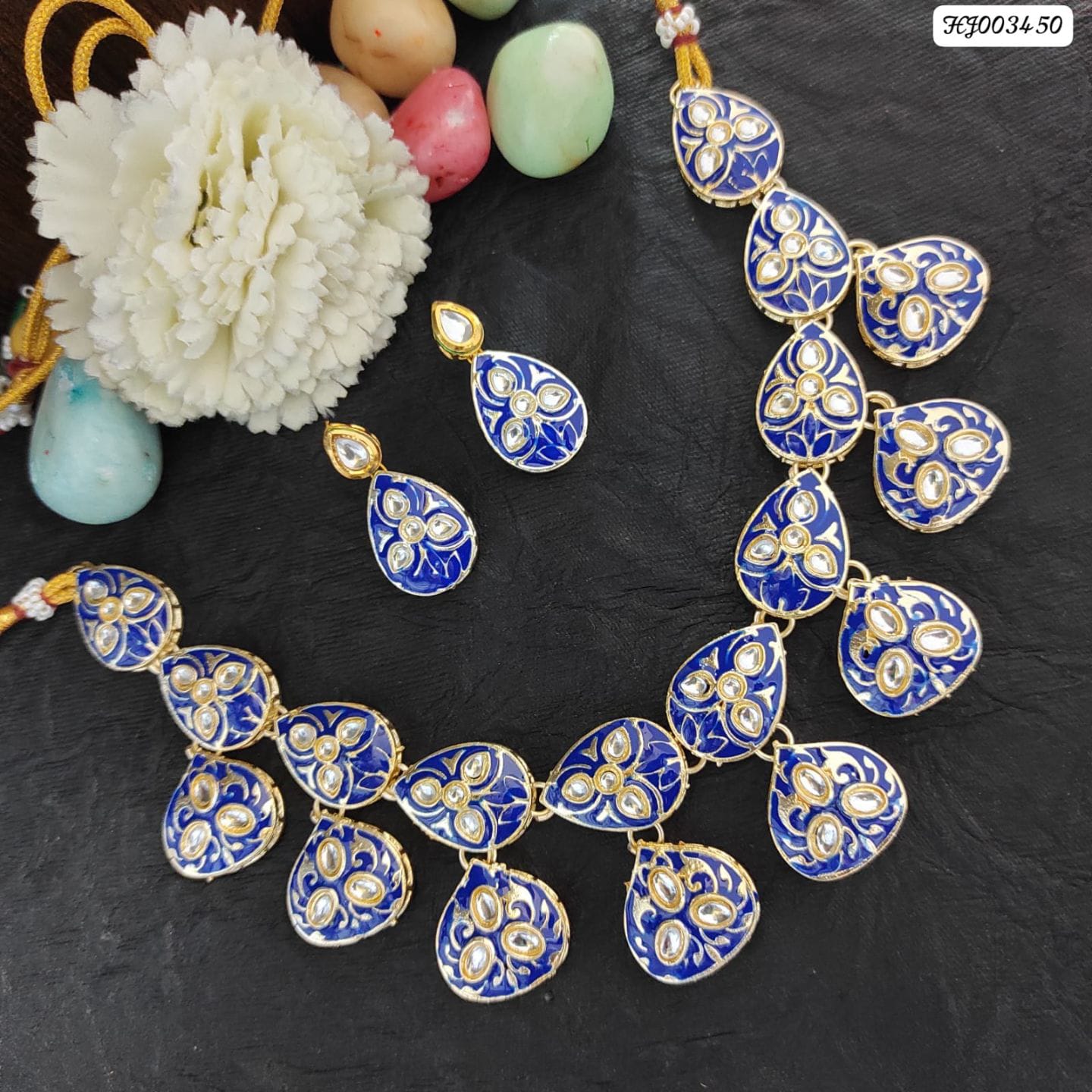 Royal Blue Meenakari Kundan Necklace Set with Matching Earrings | Gold-Tone Adjustable Traditional Jewelry for Women