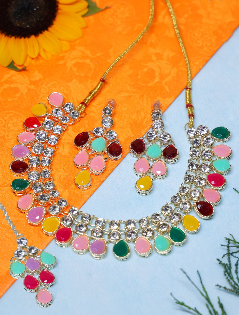 Multicolor Kundan Choker Necklace Set with Earrings for Women