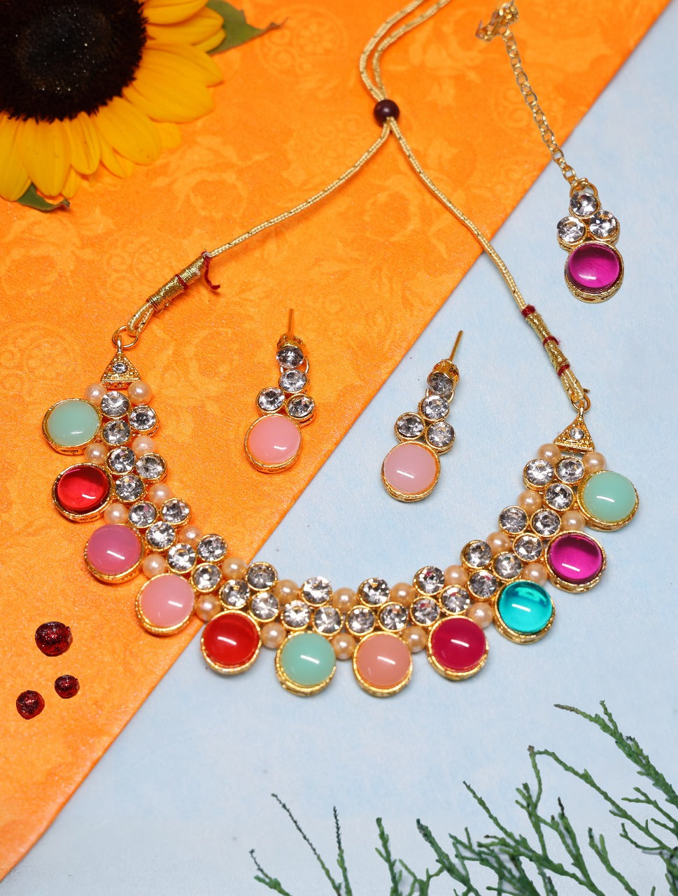 Multicolor Crystal Choker Necklace Set with Matching Earrings | Gold-Tone Adjustable Statement Jewelry for Women
