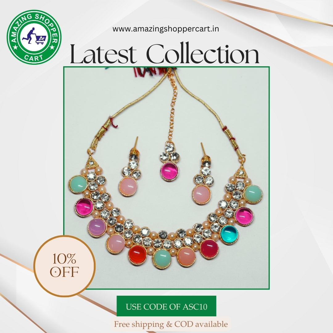 Multicolor Crystal Choker Necklace Set with Matching Earrings | Gold-Tone Adjustable Statement Jewelry for Women
