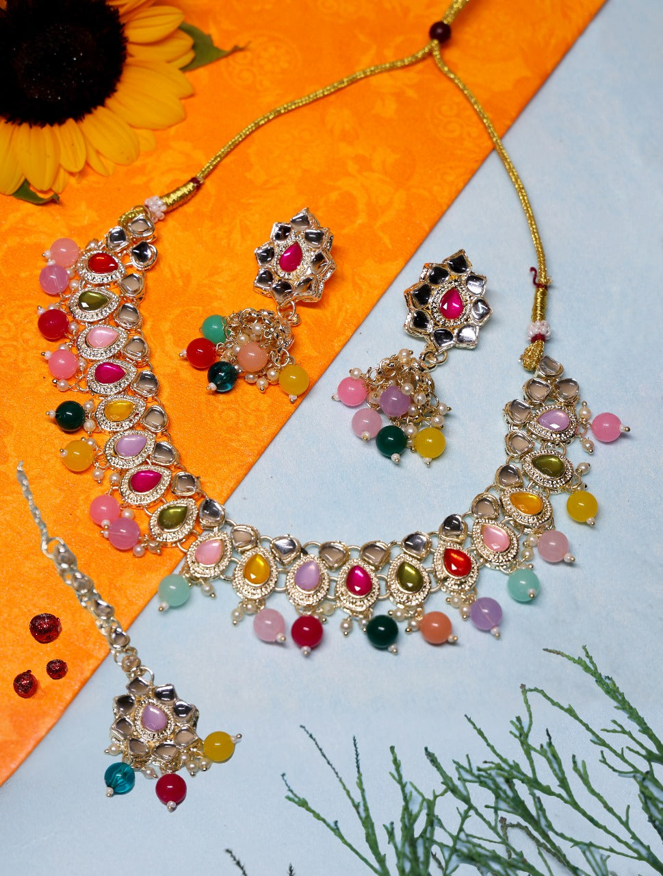 Multicolor Kundan Choker Necklace Set with Jhumka Earrings & Maang Tikka | Gold-Tone Adjustable Bridal Jewelry for Women