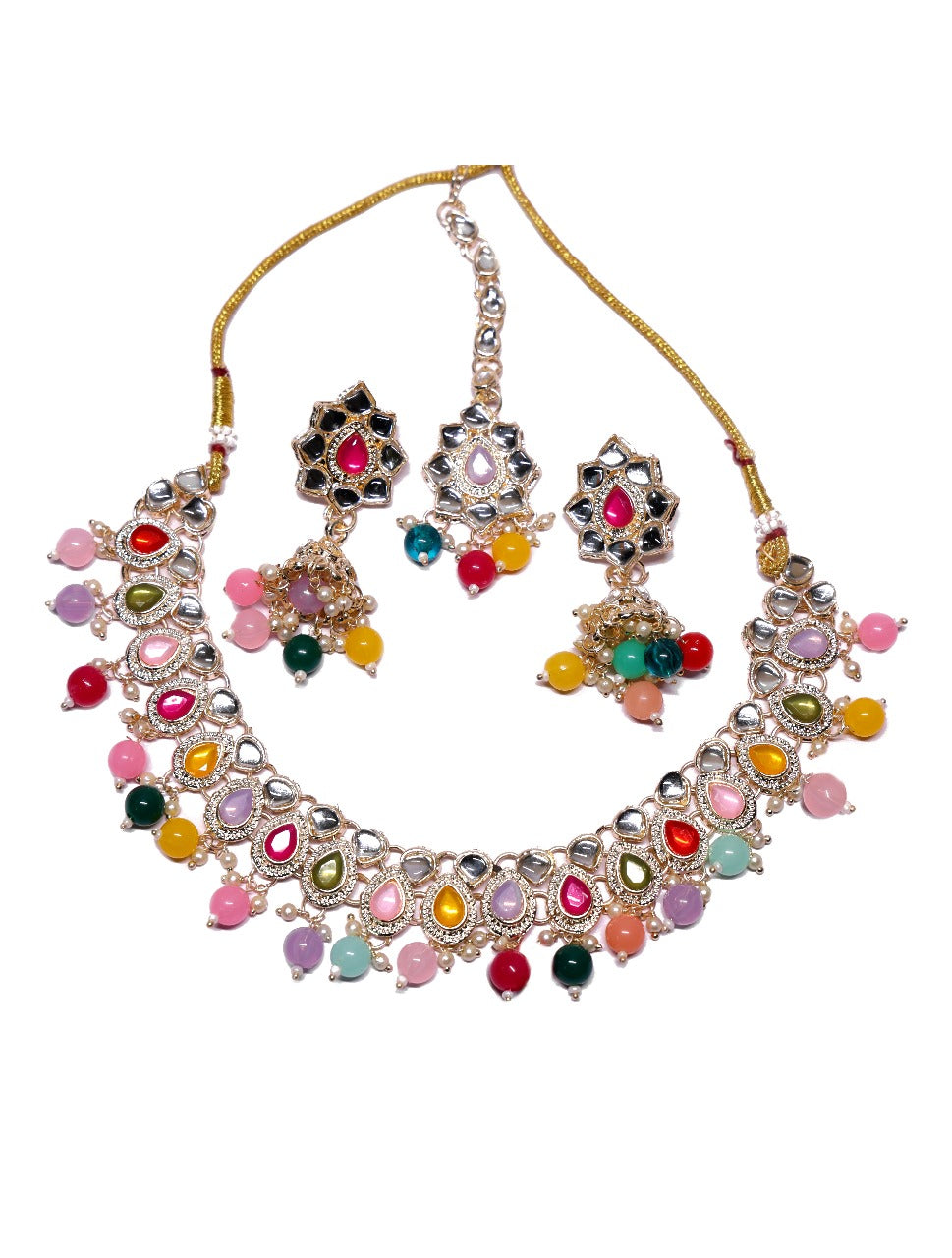 Multicolor Kundan Choker Necklace Set with Jhumka Earrings & Maang Tikka | Gold-Tone Adjustable Bridal Jewelry for Women