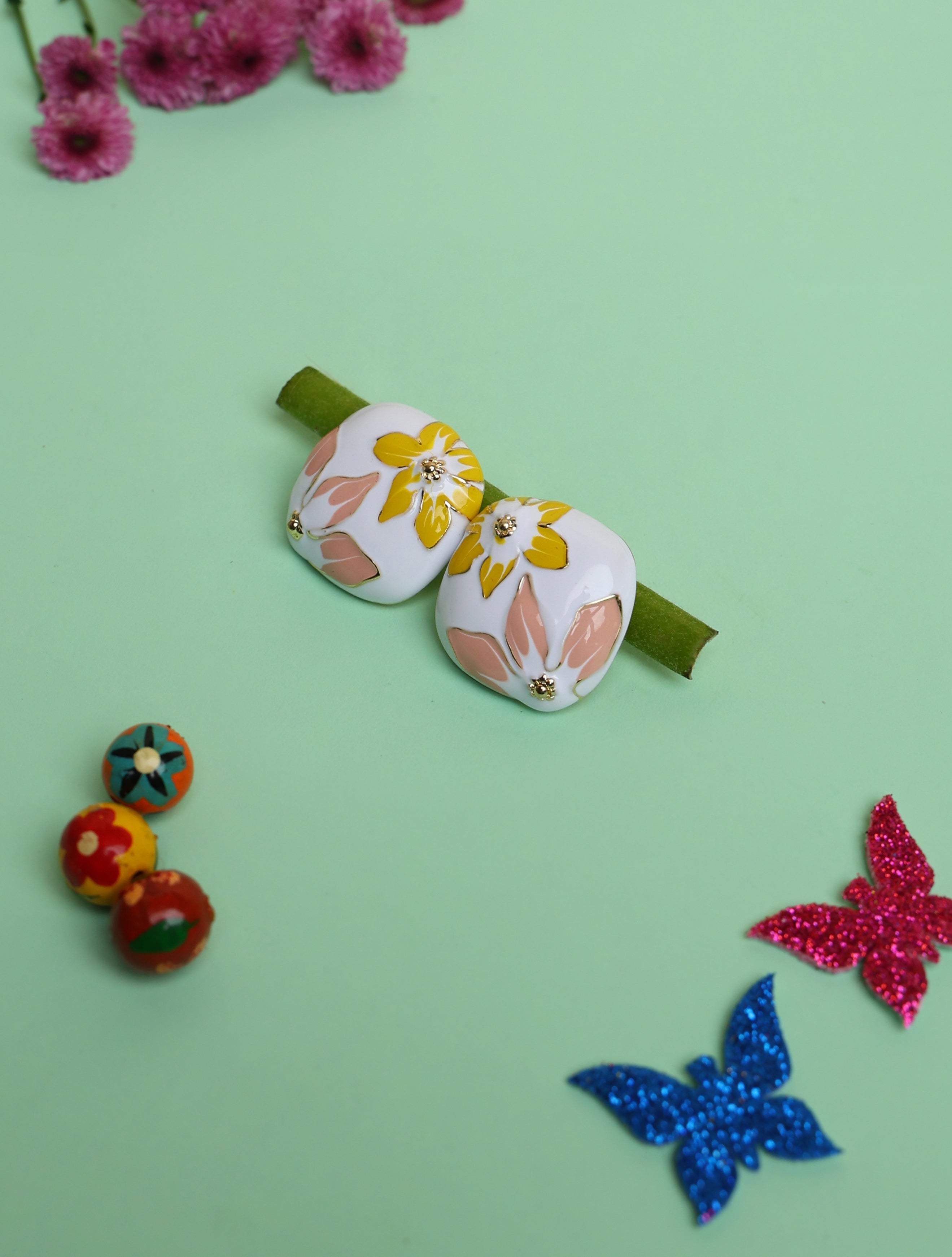 Floral Enamel Stud Earrings for Women | White & Yellow Gold-Tone Fashion Earrings