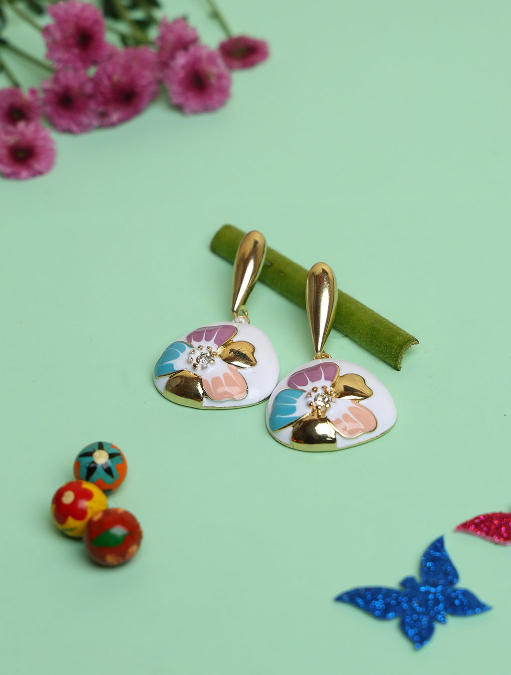 Floral Enamel Drop Earrings for Women | White & Gold-Tone Designer Earrings