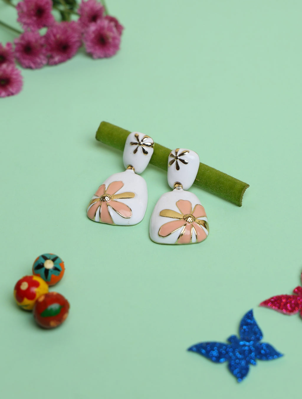 Elegant Floral Enamel Drop Earrings for Women | Gold-Tone Statement Earrings