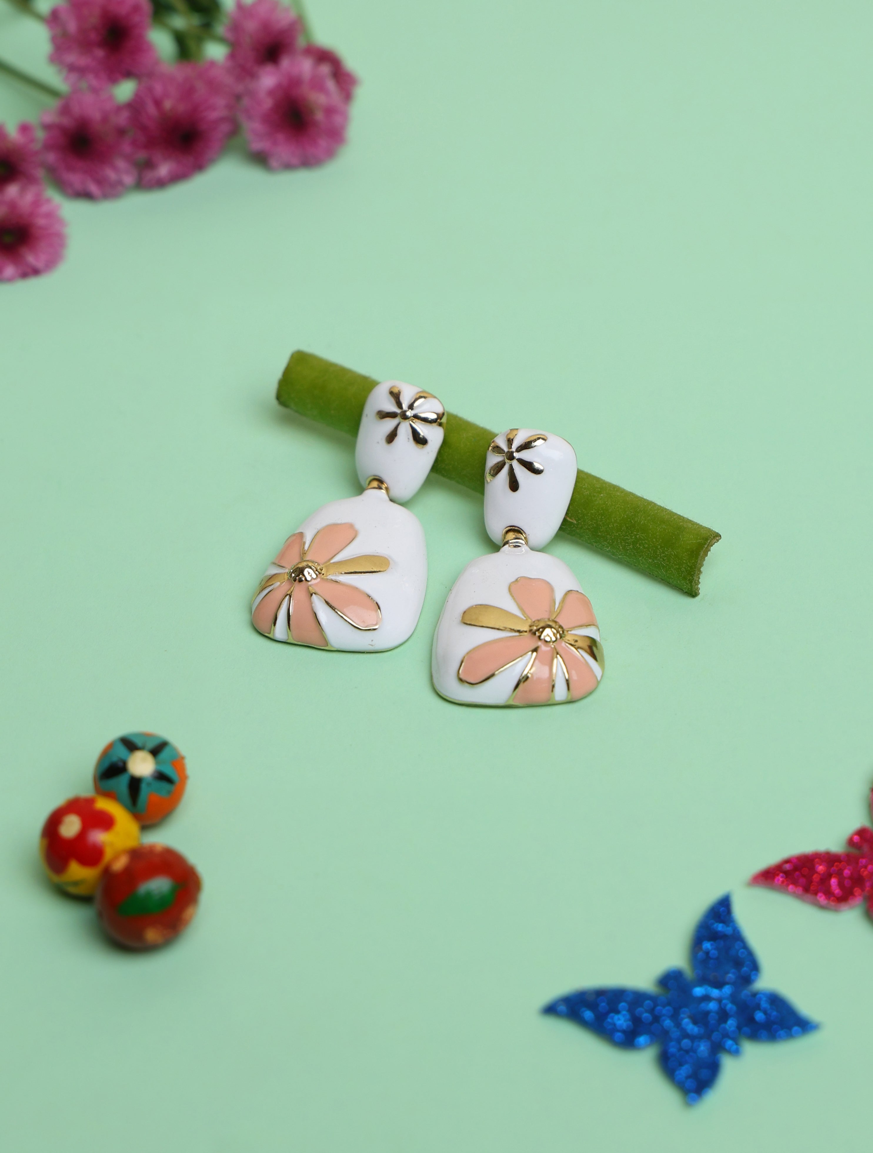 Elegant Floral Enamel Drop Earrings for Women | Gold-Tone Statement Earrings