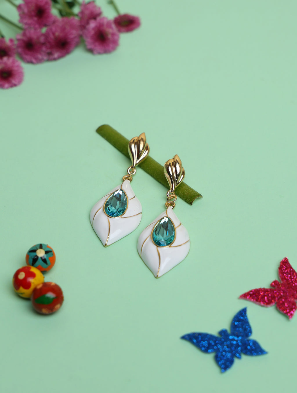 White Enamel Teardrop Earrings with Blue Crystal for Women | Gold-Tone Elegant Drop Earrings