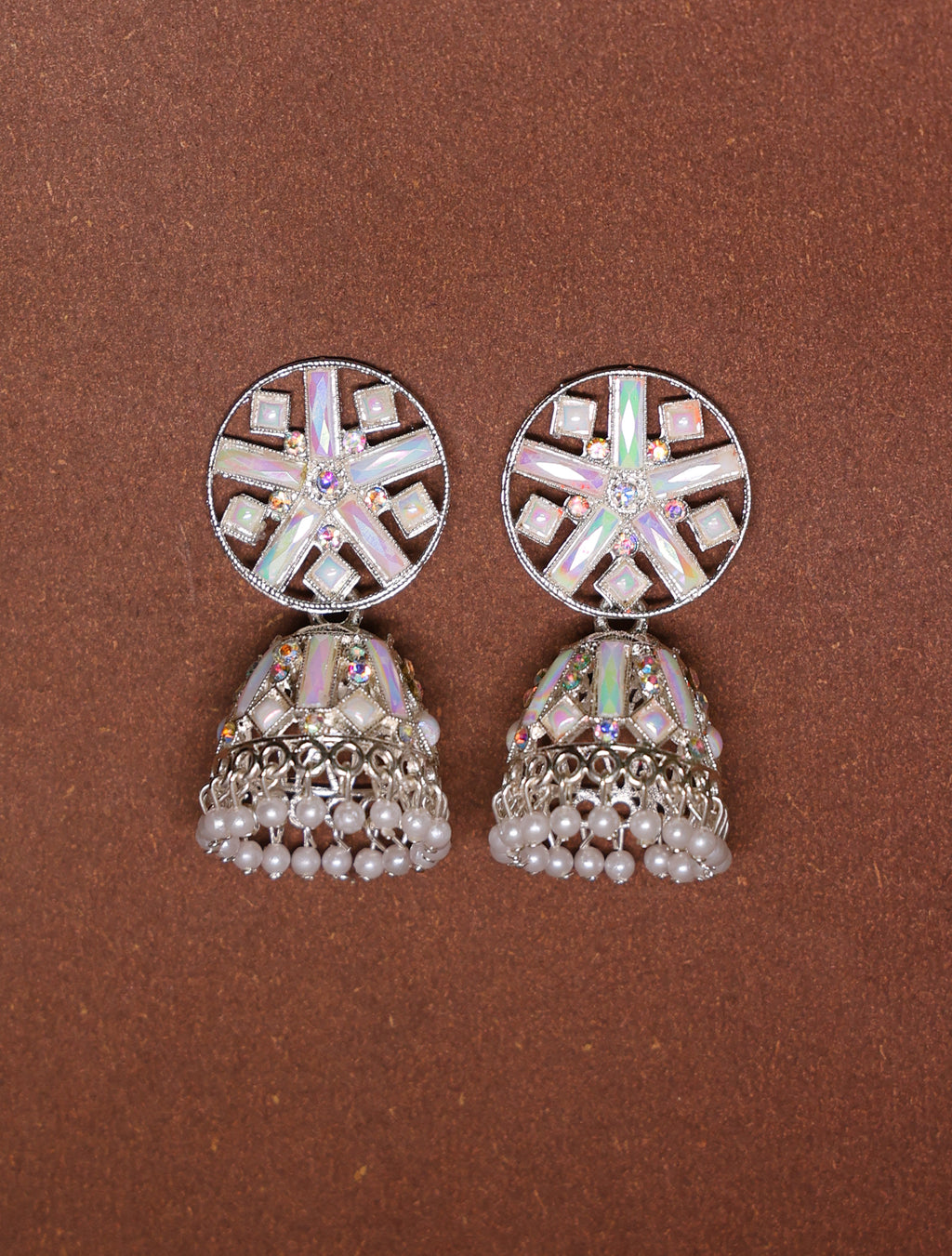 Silver-Tone Mirror Jhumka Earrings with Pearl Drops for Women | Traditional Statement Earrings