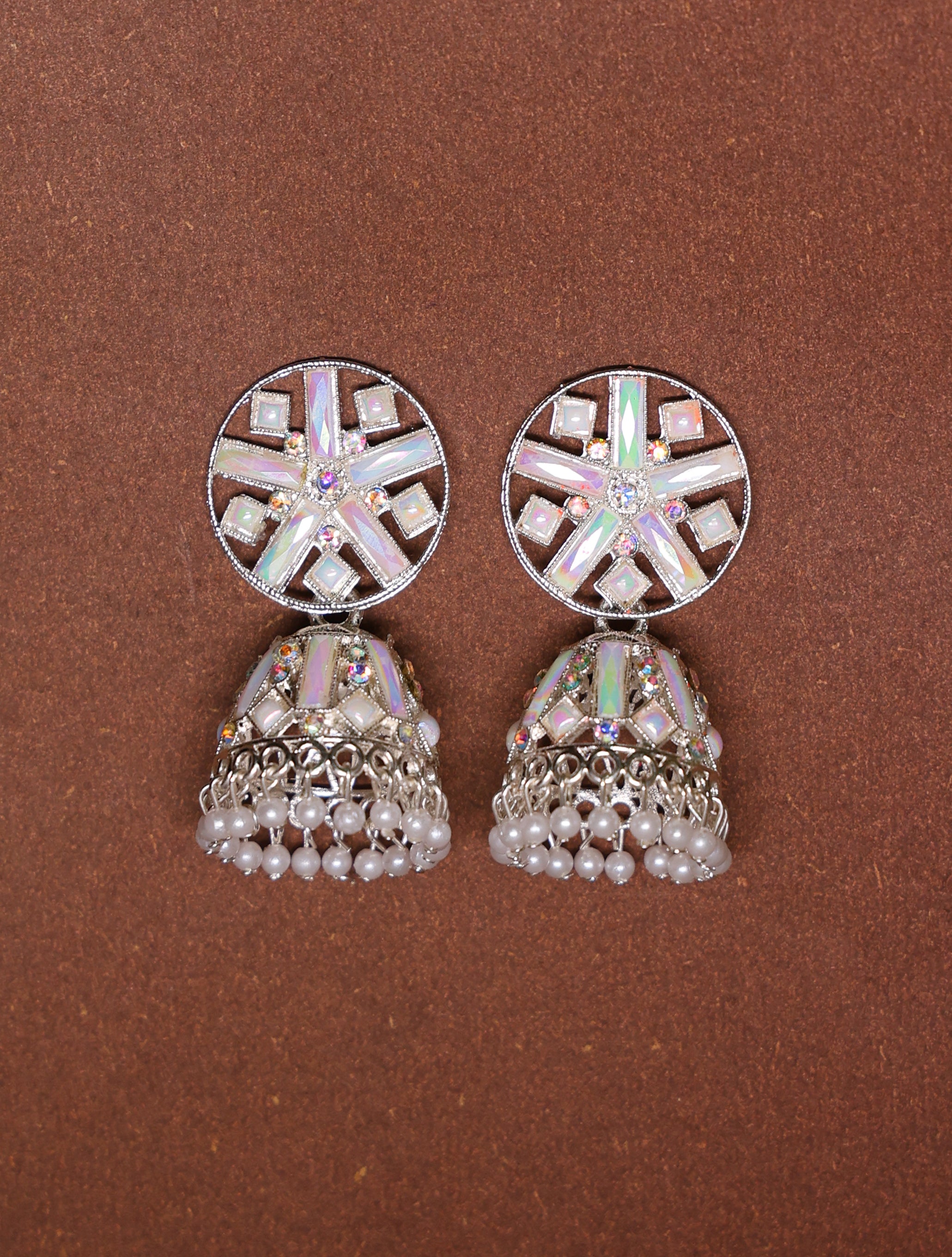 Silver-Tone Mirror Jhumka Earrings with Pearl Drops for Women | Traditional Statement Earrings