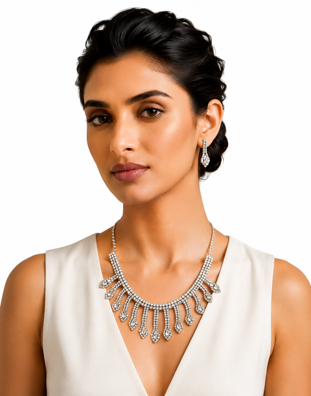 Elegant Silver-Tone Crystal Necklace Set with Matching Earrings for Women