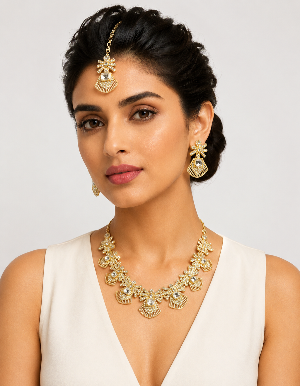 Elegant Gold-Plated Crystal Rhinestone Necklace, Earrings & Maang Tikka Jewelry Set for Women