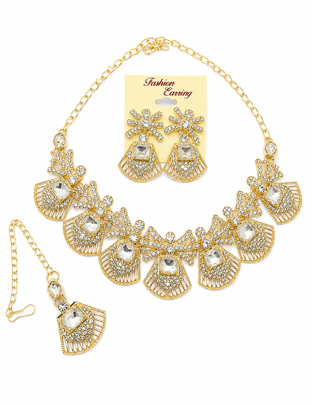Elegant Gold-Plated Crystal Rhinestone Necklace, Earrings & Maang Tikka Jewelry Set for Women