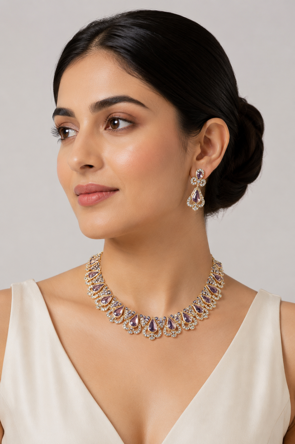Royal Amethyst Purple Crystal Teardrop Necklace & Drop Earrings Jewelry Set in Gold Tone