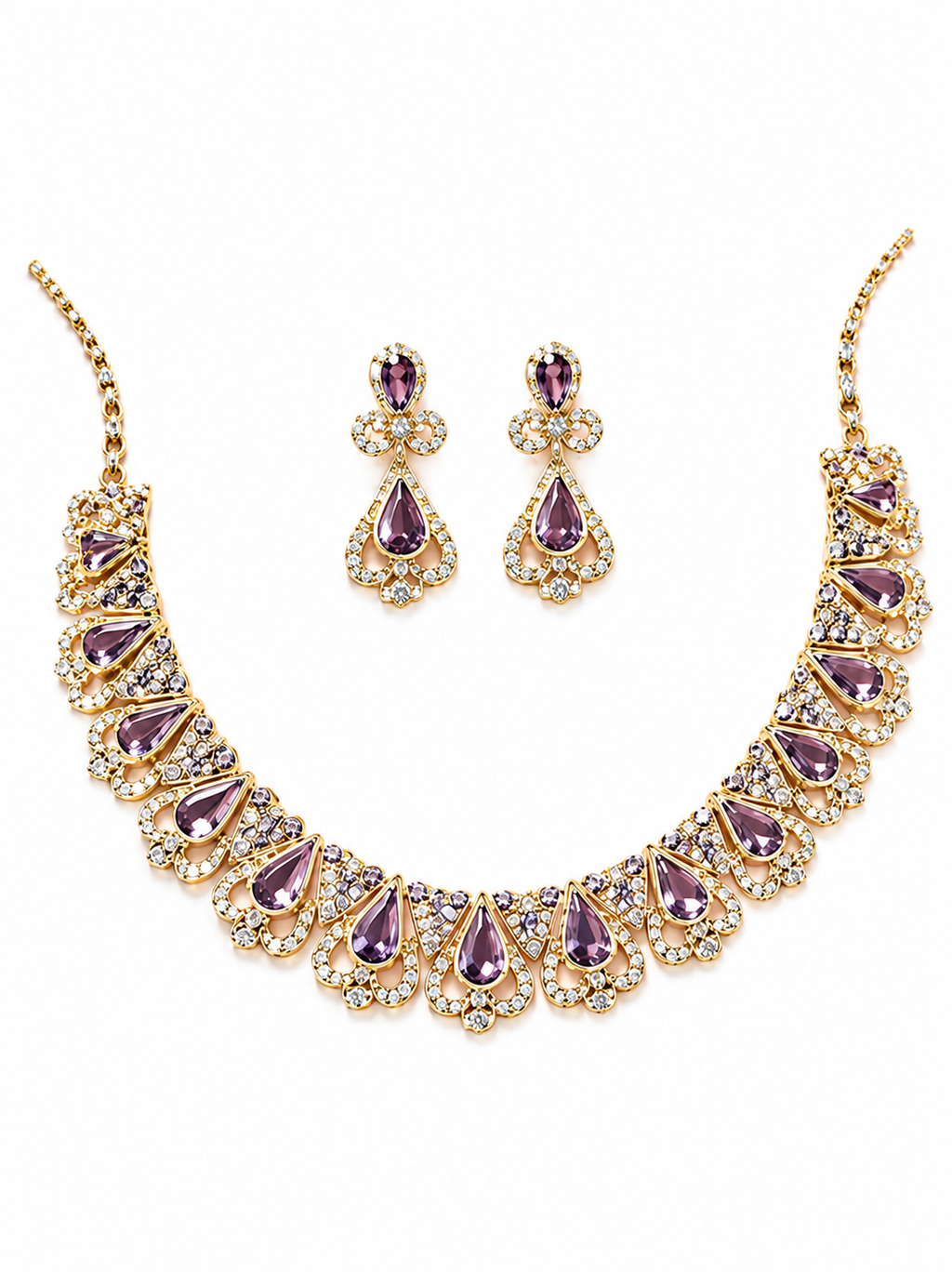 Royal Amethyst Purple Crystal Teardrop Necklace & Drop Earrings Jewelry Set in Gold Tone