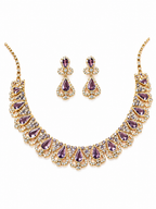 Royal Amethyst Purple Crystal Teardrop Necklace & Drop Earrings Jewelry Set in Gold Tone