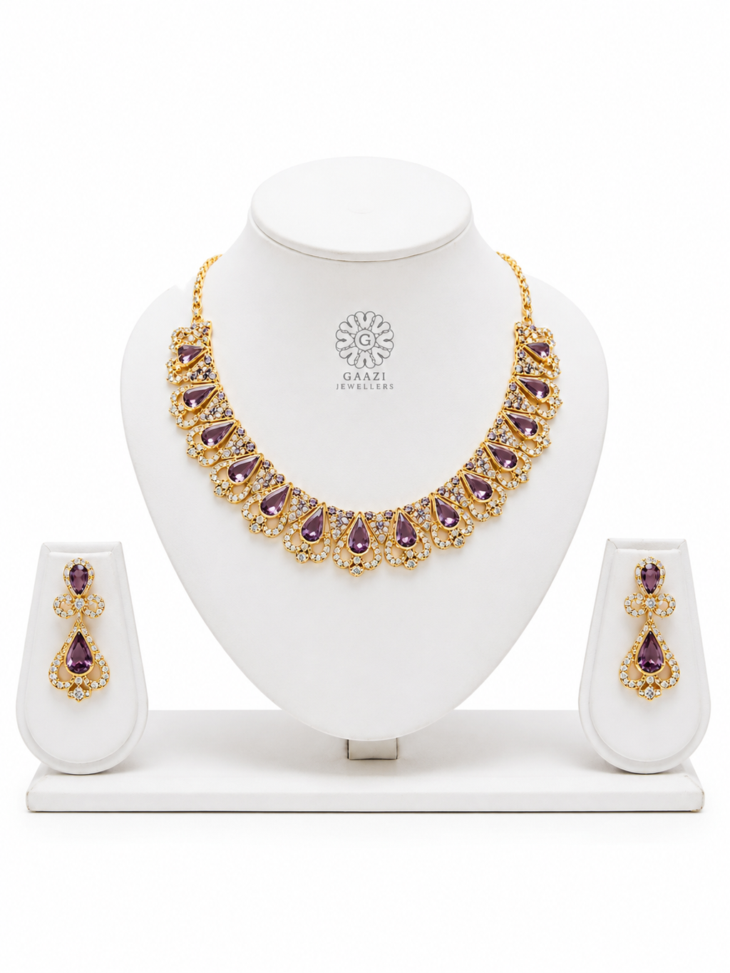 Royal Amethyst Purple Crystal Teardrop Necklace & Drop Earrings Jewelry Set in Gold Tone