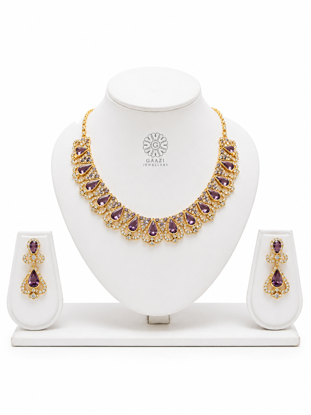 Royal Amethyst Purple Crystal Teardrop Necklace & Drop Earrings Jewelry Set in Gold Tone